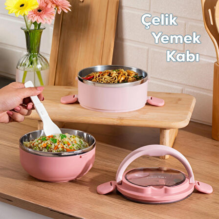 Porsima 66732-1 Stainless Steel Vakumlu Lunch Box İki Katlı Paslanmaz Çelik Kolay Kilitlenir Kendinden Kaşıklı Sefer Tası – 1000ml Pembe