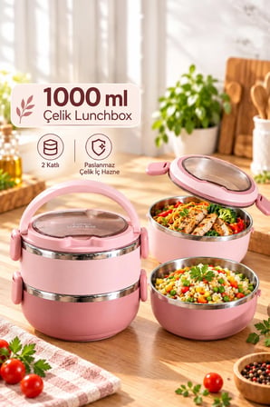 Porsima 66732-1 Stainless Steel Vakumlu Lunch Box İki Katlı Paslanmaz Çelik Kolay Kilitlenir Kendinden Kaşıklı Sefer Tası – 1000ml Pembe
