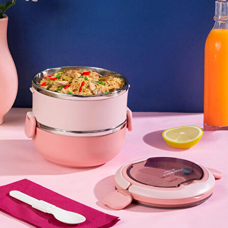Porsima 66732-1 Stainless Steel Vakumlu Lunch Box İki Katlı Paslanmaz Çelik Kolay Kilitlenir Kendinden Kaşıklı Sefer Tası – 1000ml Pembe