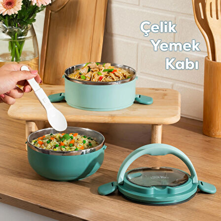 Porsima 66732-2 Stainless Steel Vakumlu Lunch Box İki Katlı Paslanmaz Çelik Kolay Kilitlenir Kendinden Kaşıklı Sefer Tası – 1000ml Yeşil