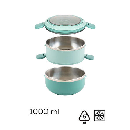 Porsima 66732-2 Stainless Steel Vakumlu Lunch Box İki Katlı Paslanmaz Çelik Kolay Kilitlenir Kendinden Kaşıklı Sefer Tası – 1000ml Yeşil