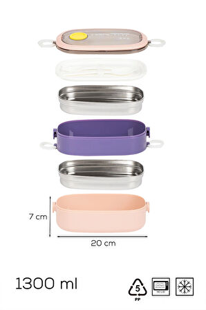 Porsima 66729-1 Stainless Steel Vakumlu Lunch Box İki Katlı Paslanmaz Çelik Kolay Kilitlenir Kendinden Kaşıklı Sefer Tası – 1300ml Pembe-Lila