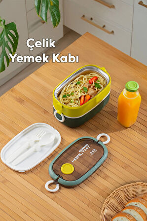 Porsima 66729-2 Stainless Steel Vakumlu Lunch Box İki Katlı Paslanmaz Çelik Kolay Kilitlenir Kendinden Kaşıklı Sefer Tası – 1300ml Yeşil-Sarı