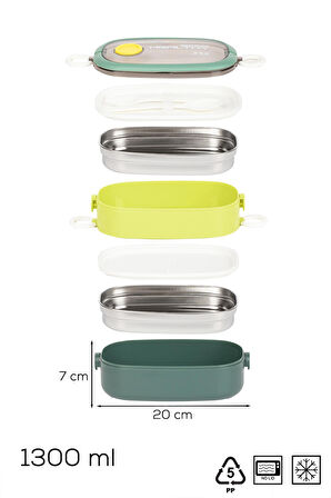 Porsima 66729-2 Stainless Steel Vakumlu Lunch Box İki Katlı Paslanmaz Çelik Kolay Kilitlenir Kendinden Kaşıklı Sefer Tası – 1300ml Yeşil-Sarı