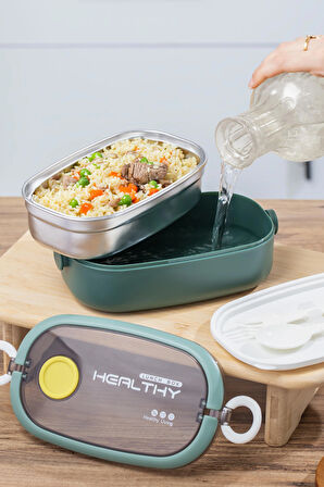 Porsima 66729-2 Stainless Steel Vakumlu Lunch Box İki Katlı Paslanmaz Çelik Kolay Kilitlenir Kendinden Kaşıklı Sefer Tası – 1300ml Yeşil-Sarı