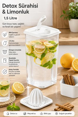 Porsima 06-1109 Detoks Sürahi & Limonluk Şeffaf 1,5 L - Beyaz