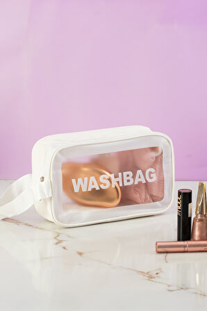 Porsima 3140-1 Şeffaf - Beyaz Seyahat ve Makyaj Çantası Su Geçirmez Organizer Washbag 21x13cm
