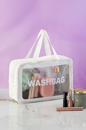 Porsima 3142-1 Şeffaf - Beyaz Seyahat ve Makyaj Çantası Su Geçirmez Organizer Washbag 20x30cm