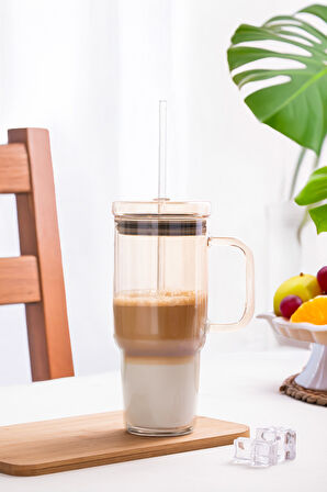 Porsima 3483-1 Vakumlu Kapaklı Pipetli ve Kulplu Bardak 900ml Cam Termos Mug
