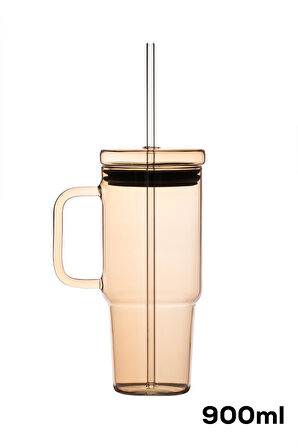 Porsima 3483-1 Vakumlu Kapaklı Pipetli ve Kulplu Bardak 900ml Cam Termos Mug