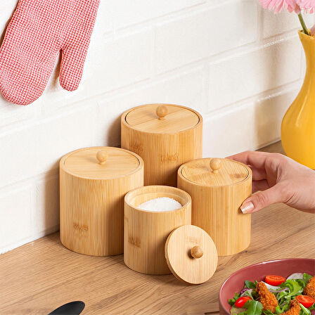 Porsima 4361 Bambu Çok Amaçlı Saklama Kabı Organizer 4 lü Baharat Seti