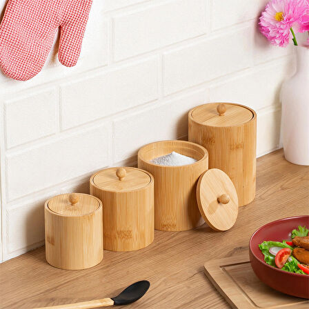 Porsima 4361 Bambu Çok Amaçlı Saklama Kabı Organizer 4 lü Baharat Seti
