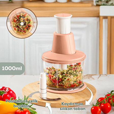 Porsima 232-1 Basmalı Pratik El Rondosu 3 Bıçaklı Blender Doğrayıcı 1000ml Pembe