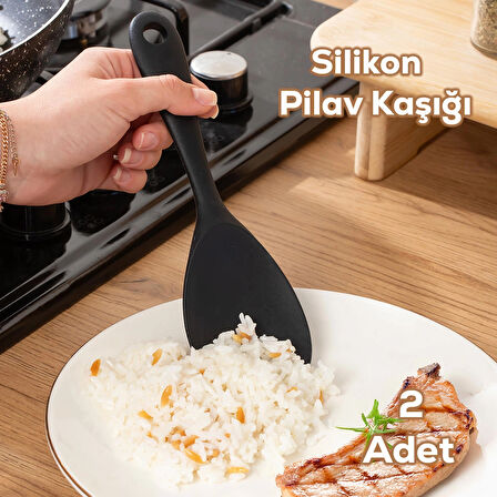 Porsima 5262 Sert Uçlu Silikon Pilav Kaşığı Dayanıklı Yanmaz Yapışmaz Çizmez Pilav Kepçe Kaşığı Siyah 2 Adet 22cm