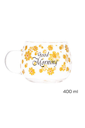 Porsima 2089 2li Borosilikat Isıya Ateşe Dayanıklı Cam Kulplu Çay Bardağı Kahve Bardak Kupa Sarı 400 ml