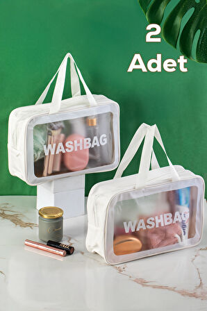 Porsima 3142-1 2li Şeffaf - Beyaz Seyahat ve Makyaj Çantası Su Geçirmez Organizer Washbag 20x30cm