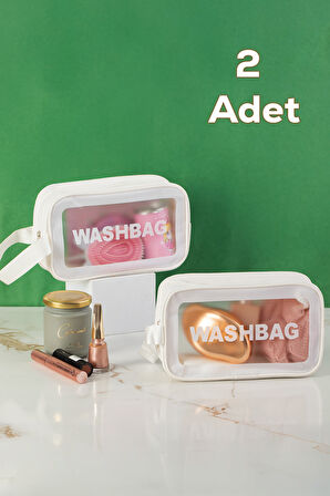 Porsima 3140-1 2li Şeffaf - Beyaz Seyahat ve Makyaj Çantası Su Geçirmez Organizer Washbag 21x13cm