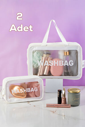 Porsima 2li Şeffaf - Beyaz Seyahat ve Makyaj Çantası Su Geçirmez Organizer Washbag