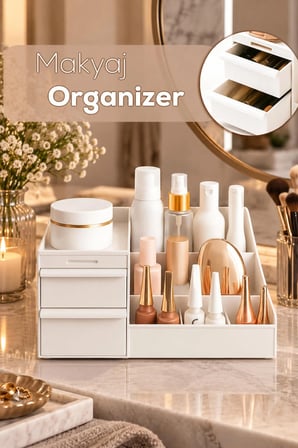 Porsima 5303 Çok Amaçlı Organizer 2 Çekmeceli Kozmetik Parfüm Krem Takı Makyaj Düzenleyici Beyaz