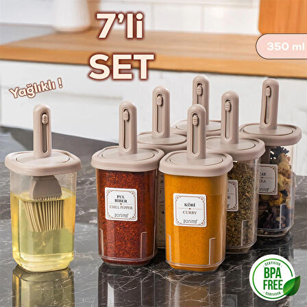 Porsima 4366 7 li Kaydırmalı Kaşıklı Sızdırmaz Kapaklı Etiketli Baharatlık Seti - Saklama Kabı Cappuccino