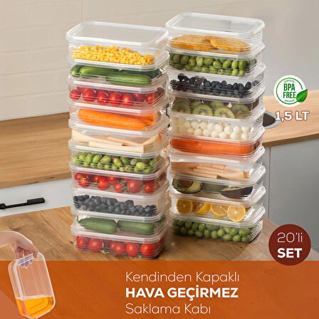 Porsima 4363-20 Kendinden Kapaklı Derin Dondurucuya Uygun 20 Adet Saklama Kabı Hava Almaz Düzenleyici 1,5 lt