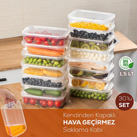 Porsima 4363-30 Kendinden Kapaklı Derin Dondurucuya Uygun 30 Adet Saklama Kabı Hava Almaz Düzenleyici 1,5 lt