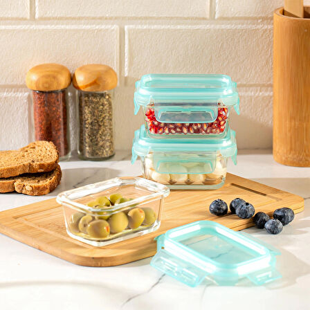 Porsima 4373 3 lü Kilitli Sızdırmaz Kapaklı Yiyecek Erzak Saklama Kabı Seti - Cam Saklama Kabı - 150ml Yeşil