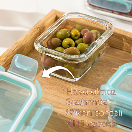 Porsima 4373 3 lü Kilitli Sızdırmaz Kapaklı Yiyecek Erzak Saklama Kabı Seti - Cam Saklama Kabı - 150ml Yeşil