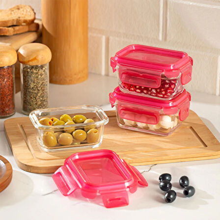 Porsima 4374 3 lü Kilitli Sızdırmaz Kapaklı Yiyecek Erzak Saklama Kabı Seti - Cam Saklama Kabı - 150ml Pembe
