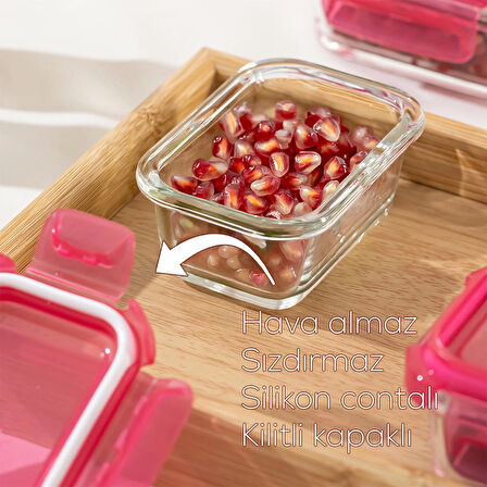 Porsima 4374 3 lü Kilitli Sızdırmaz Kapaklı Yiyecek Erzak Saklama Kabı Seti - Cam Saklama Kabı - 150ml Pembe