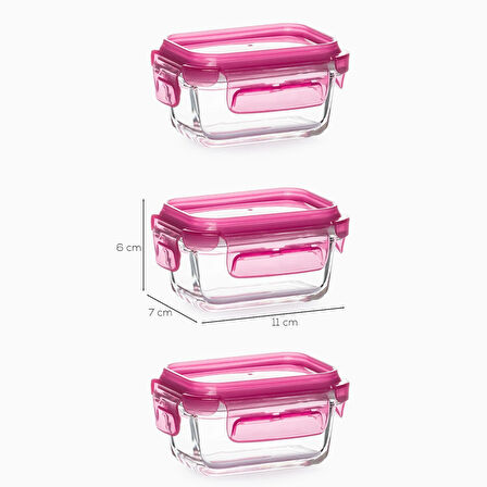 Porsima 4374 3 lü Kilitli Sızdırmaz Kapaklı Yiyecek Erzak Saklama Kabı Seti - Cam Saklama Kabı - 150ml Pembe