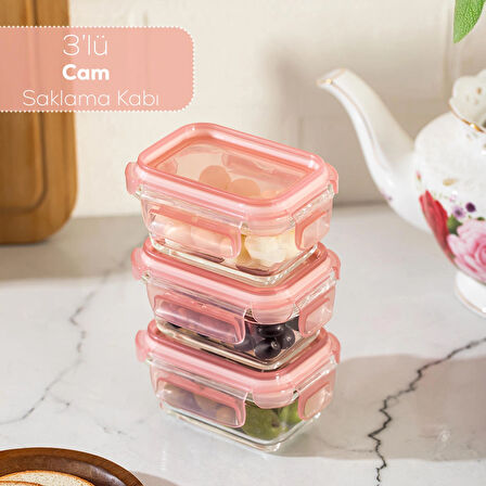 Porsima 4375 3 lü Kilitli Sızdırmaz Kapaklı Yiyecek Erzak Saklama Kabı Seti - Cam Saklama Kabı - 150ml Pudra