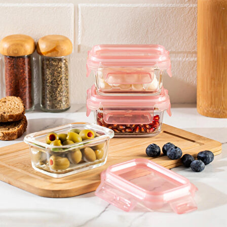 Porsima 4375 3 lü Kilitli Sızdırmaz Kapaklı Yiyecek Erzak Saklama Kabı Seti - Cam Saklama Kabı - 150ml Pudra