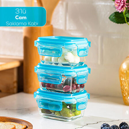 Porsima 4376 3 lü Kilitli Sızdırmaz Kapaklı Yiyecek Erzak Saklama Kabı Seti - Cam Saklama Kabı - 150ml Mavi