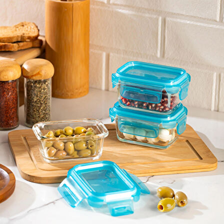 Porsima 4376 3 lü Kilitli Sızdırmaz Kapaklı Yiyecek Erzak Saklama Kabı Seti - Cam Saklama Kabı - 150ml Mavi