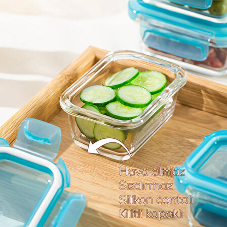 Porsima 4376 3 lü Kilitli Sızdırmaz Kapaklı Yiyecek Erzak Saklama Kabı Seti - Cam Saklama Kabı - 150ml Mavi