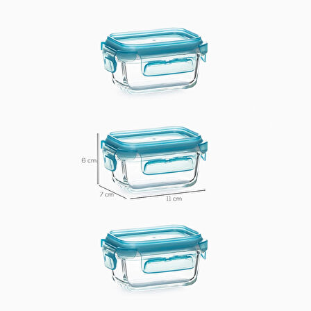 Porsima 4376 3 lü Kilitli Sızdırmaz Kapaklı Yiyecek Erzak Saklama Kabı Seti - Cam Saklama Kabı - 150ml Mavi