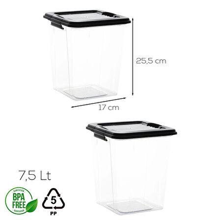 Porsima 4378 2 li  7,5lt Mega Boy Hava Geçirmez Deterjan Saklama Kabı Erzak Saklama Kabı Seti Gri