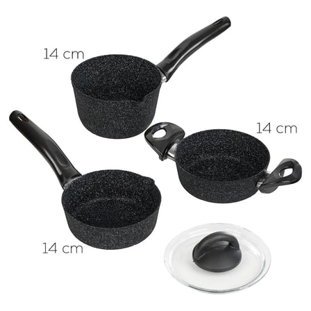 Porsima 4398 4 Parça Kaçerola Sosluk Sütlük Mini Granit tencere Sahan Seti Siyah 14cm