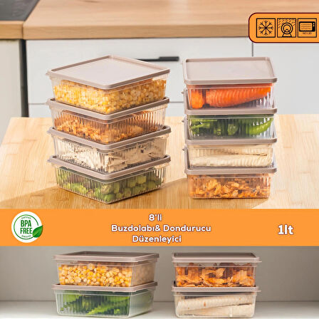 Porsima 5307 8 li 1 Lt Buzdolabı ve Difriz Düzenleyici Saklama Kabı Seti - BPA İçermez, Mikrodalga Uyumlu, Kapaklı, Gıda Saklama Kabı, Kapicino