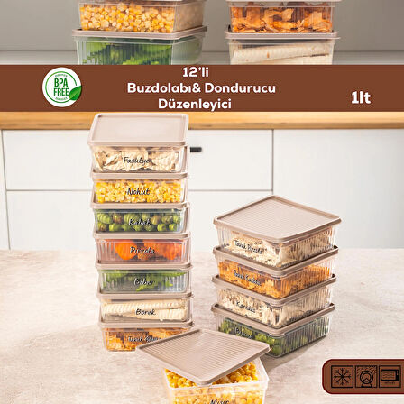 Porsima 5308 12 li 1 Lt Buzdolabı ve Difriz Düzenleyici Saklama Kabı Seti - BPA İçermez, Mikrodalga Uyumlu, Kapaklı, Gıda Saklama Kabı, Kapicino