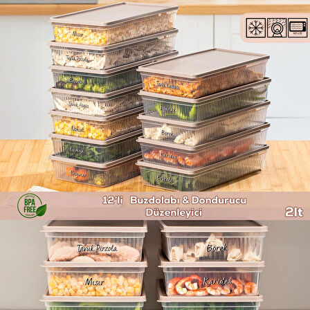 Porsima 5311 12 li 2 Lt Buzdolabı ve Difriz Düzenleyici Saklama Kabı Seti - BPA İçermez, Mikrodalga Uyumlu, Kapaklı, Gıda Saklama Kabı, Kapicino