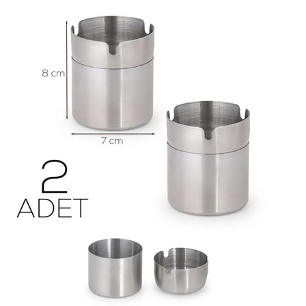 Porsima ETN-236 Large 2li Paslanmaz Çelik Metal Kül Tablası - Kapaklı Rüzgar Geçirmez Küllük