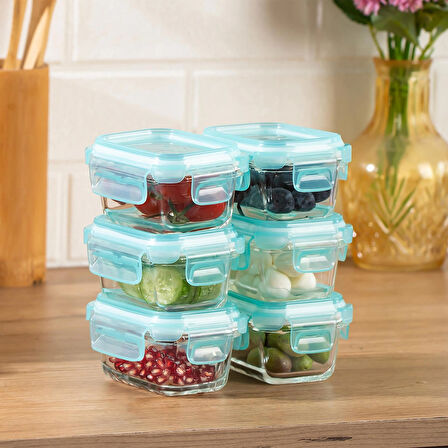 Porsima 4373 6 lı Sızdırmaz Kilit Kapaklı Yiyecek Erzak Saklama Kabı Seti - Cam Saklama Kabı - 150ml Yeşil