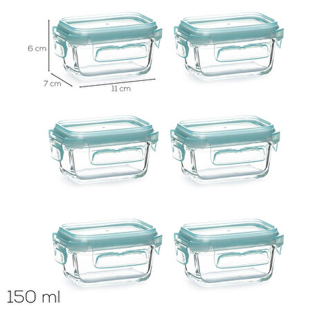 Porsima 4373 6 lı Sızdırmaz Kilit Kapaklı Yiyecek Erzak Saklama Kabı Seti - Cam Saklama Kabı - 150ml Yeşil