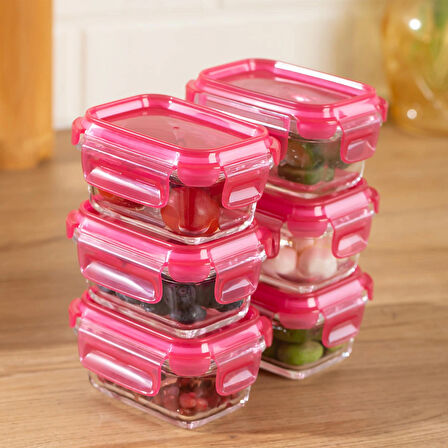 Porsima 4374 6lı Sızdırmaz Kilit Kapaklı Yiyecek Erzak Saklama Kabı Seti - Cam Saklama Kabı - 150ml Pembe