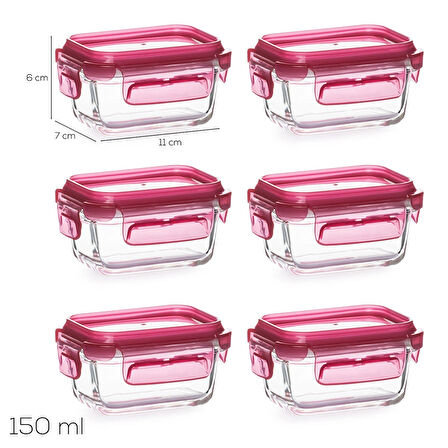 Porsima 4374 6lı Sızdırmaz Kilit Kapaklı Yiyecek Erzak Saklama Kabı Seti - Cam Saklama Kabı - 150ml Pembe