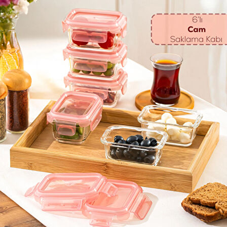 Porsima 4375 6lı Sızdırmaz Kilit Kapaklı Yiyecek Erzak Saklama Kabı Seti - Cam Saklama Kabı - 150ml Pudra