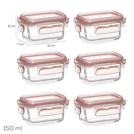 Porsima 4375 6lı Sızdırmaz Kilit Kapaklı Yiyecek Erzak Saklama Kabı Seti - Cam Saklama Kabı - 150ml Pudra