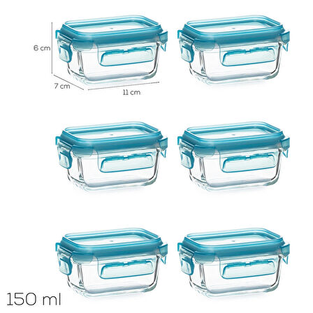 Porsima 4376 6lı Sızdırmaz Kilit Kapaklı Yiyecek Erzak Saklama Kabı Seti - Cam Saklama Kabı - 150ml Mavi